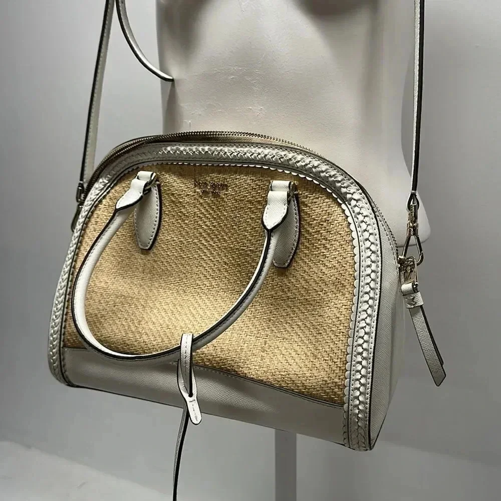 Kate Spade Reiley Dome Satchel Purse Handbag Straw Wicker Leather Trim White